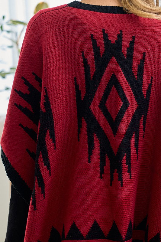 Shawl Wrap Poncho Ruana Aztec Pattern - Red Black