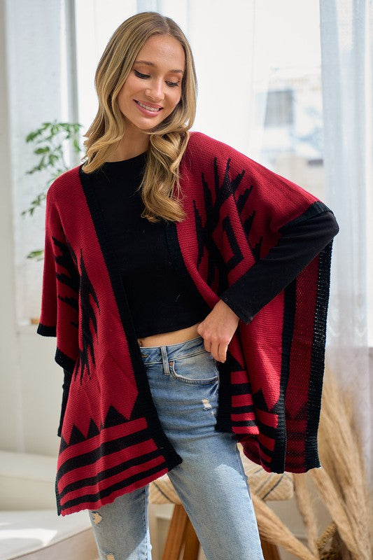 Shawl Wrap Poncho Ruana Aztec Pattern - Red Black