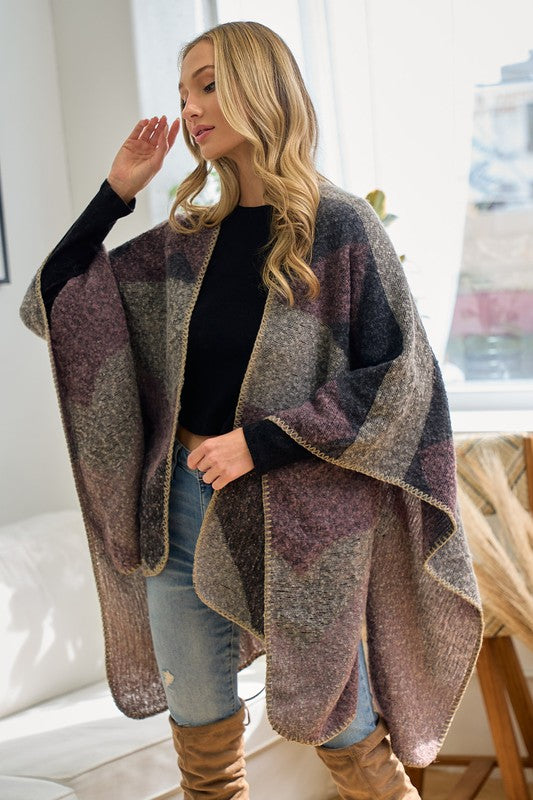 Geo Texture Wrap Poncho Shawl Ruana - Grey Multi