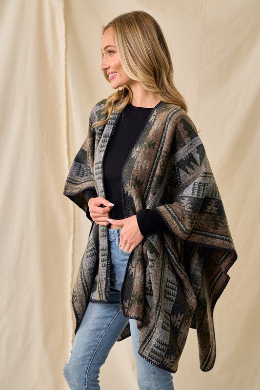 Shawl Wrap Poncho Ruana Aztec Pattern - Olive Multi