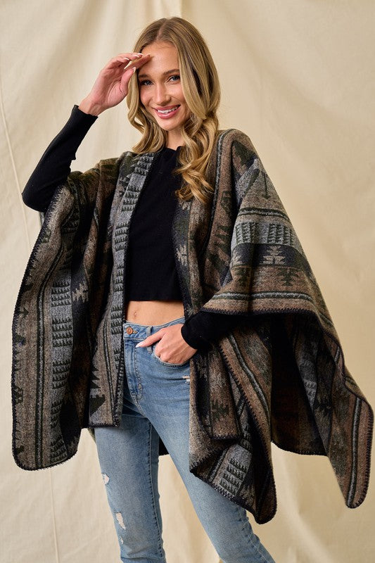 Shawl Wrap Poncho Ruana Aztec Pattern - Olive Multi