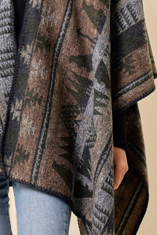 Shawl Wrap Poncho Ruana Aztec Pattern - Olive Multi