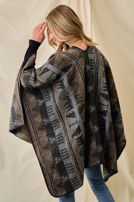 Shawl Wrap Poncho Ruana Aztec Pattern - Olive Multi