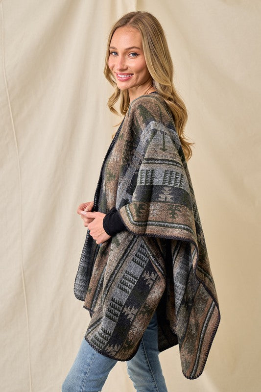 Shawl Wrap Poncho Ruana Aztec Pattern - Olive Multi