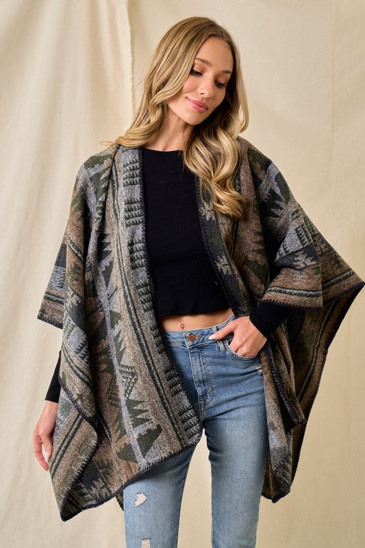Shawl Wrap Poncho Ruana Aztec Pattern - Olive Multi