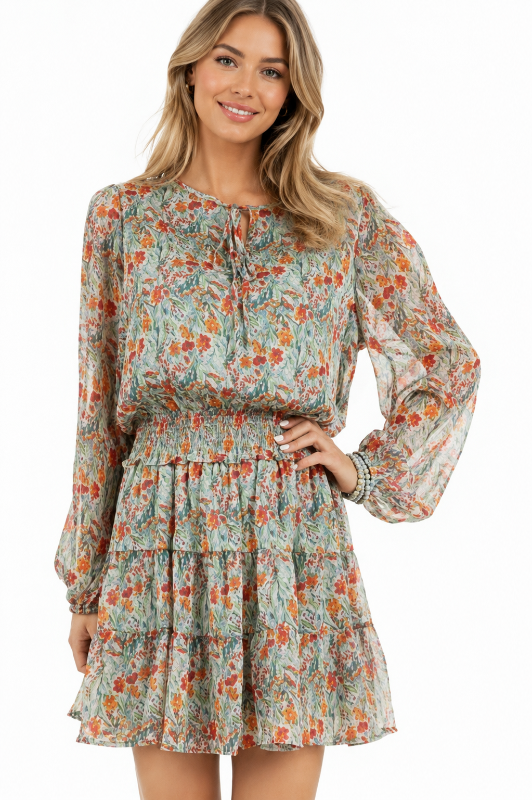 Easel Smocked Chiffon Layer Dress - Mint/Tangerine