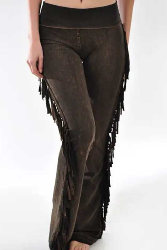 T Party Western Side Fringe Yoga Pants - Brown