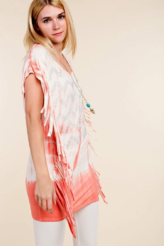 Boho Fringe Tie Dye Top with Rhinestone Chevron | Southwestern Boutique Shirt
