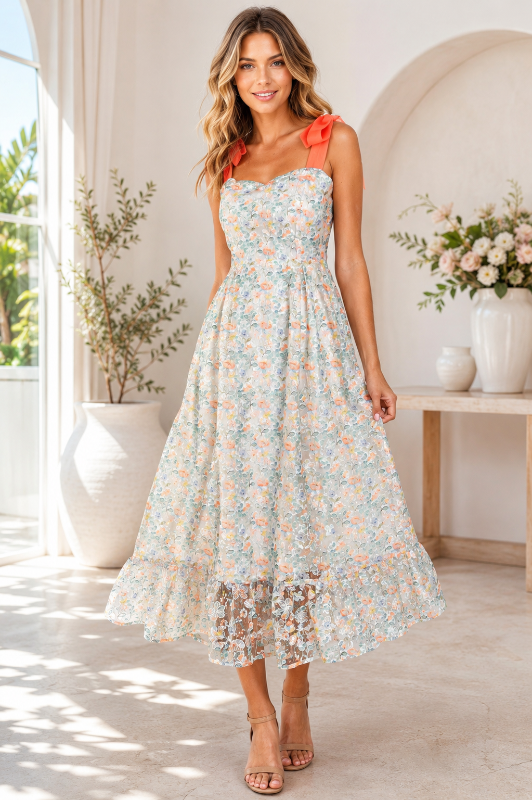 Multicolor Floral Embroidered Wedding Party Midi Dress