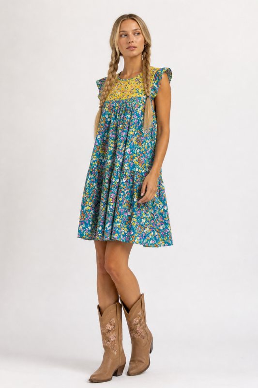 Savanna Jane Teal Floral Babydoll Mini Dress