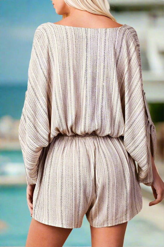 Neutral Boho Print V-Neck Romper with Drawstring Waist & Roll Tab Sleeves