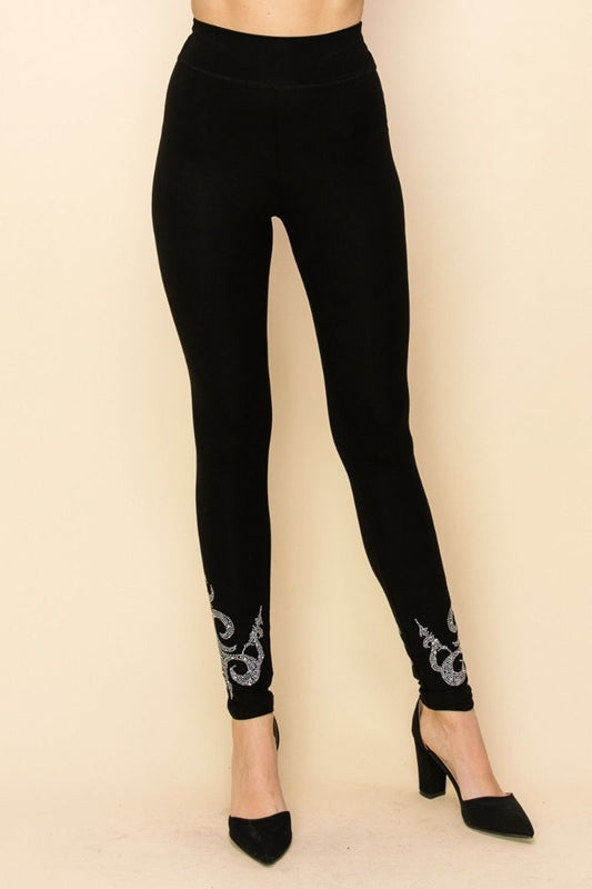 Vocal Scroll Stones Embellished Leggings - Black