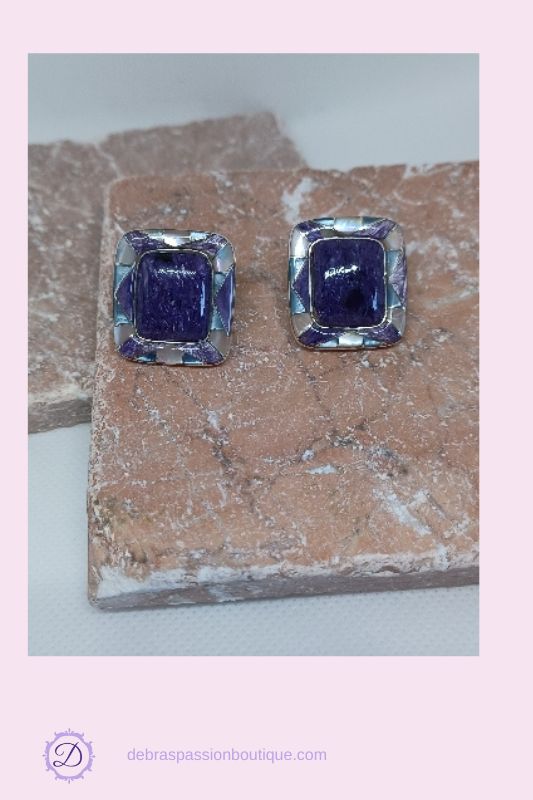Sugilite Stone Clip On Earrings, Mother of Pearl by Ed Lohman