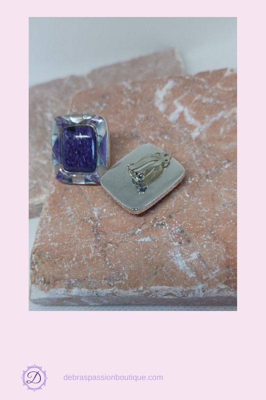 Sugilite Stone Clip On Earrings, Mother of Pearl by Ed Lohman