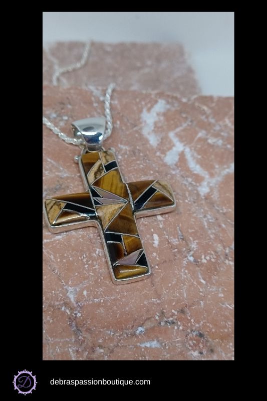 Silver Mosaic Cross Pendant Necklace – Tiger Eye & Earth Tone Inlay by Ed Lohman