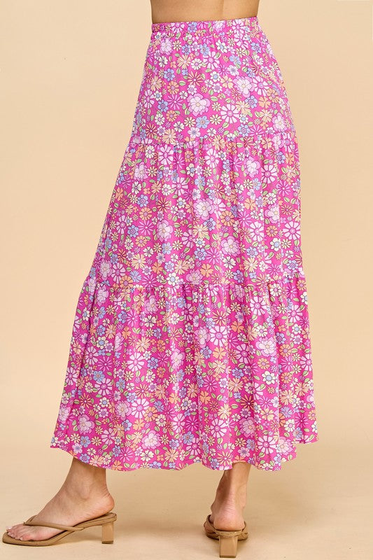 Made USA Flowers Print Tiered Layered Maxi Skirt - Pink