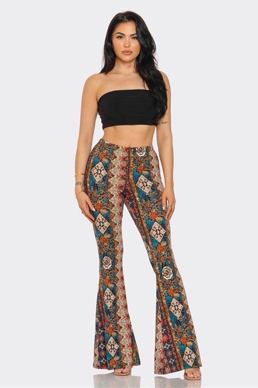 Bear Dance Boho Diamond Floral Skinny Brushed Pants - Teal
