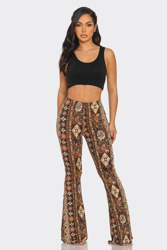 Bear Dance Boho Diamond Floral Skinny Brushed Pants - Brown