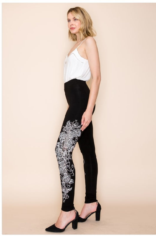 Vocal Western Baroque Cross Side Rhinestones Leggings - Black