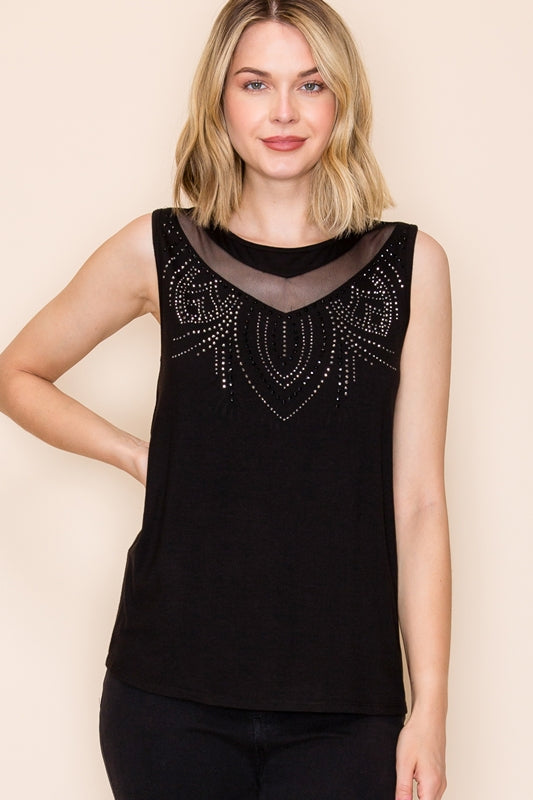 Vocal Rhinestone Mesh Drape Sleeveless Top - Black