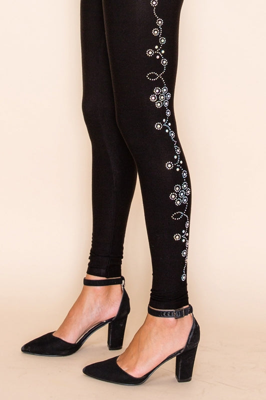 Vocal Floral Stones Embellished Leggings - Black