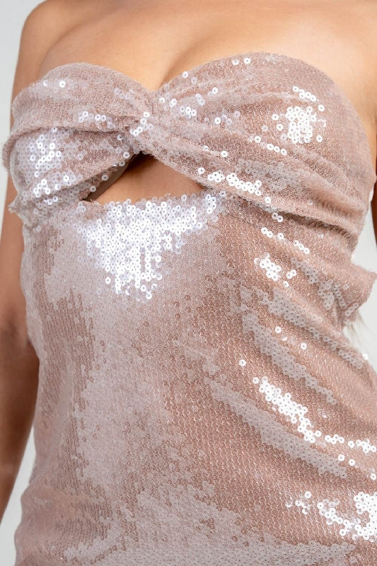 Clear Sequins Back Cowl Mini Party Dress - Dusty Pink