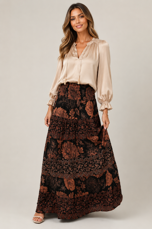Angie Autumn Floral Smocked Waist Maxi Skirt