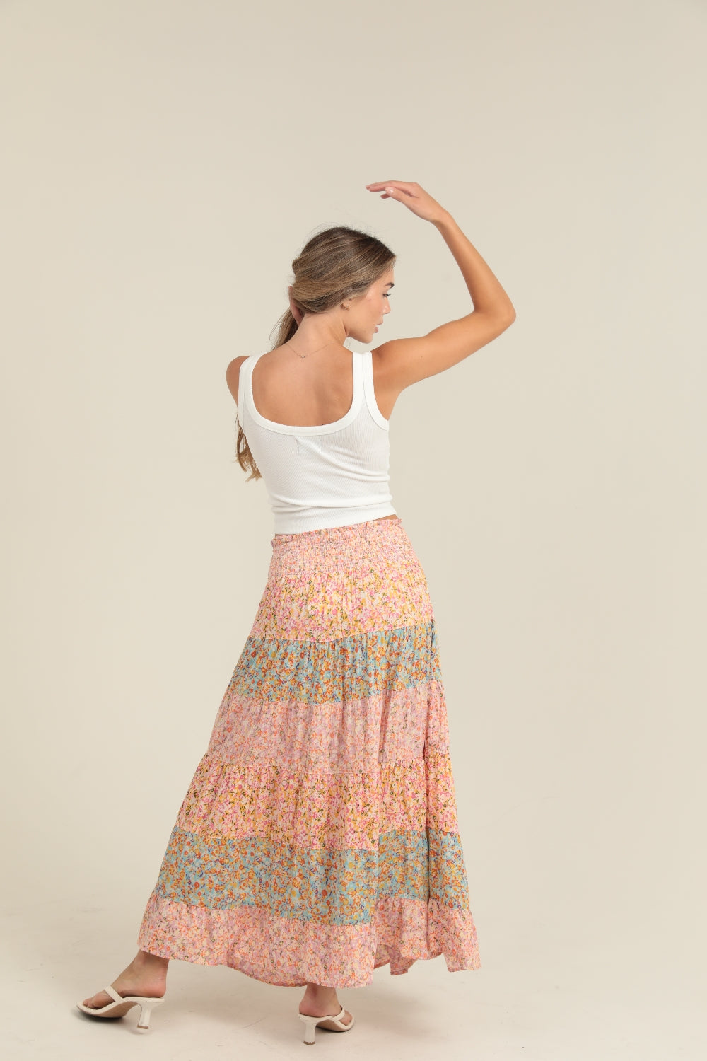 Angie Wide Floral Striped Maxi Skirt - Multi Blue Pink