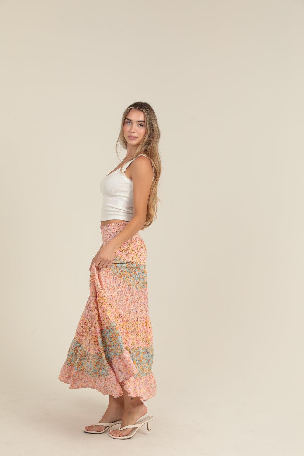 Angie Wide Floral Striped Maxi Skirt - Multi Blue Pink