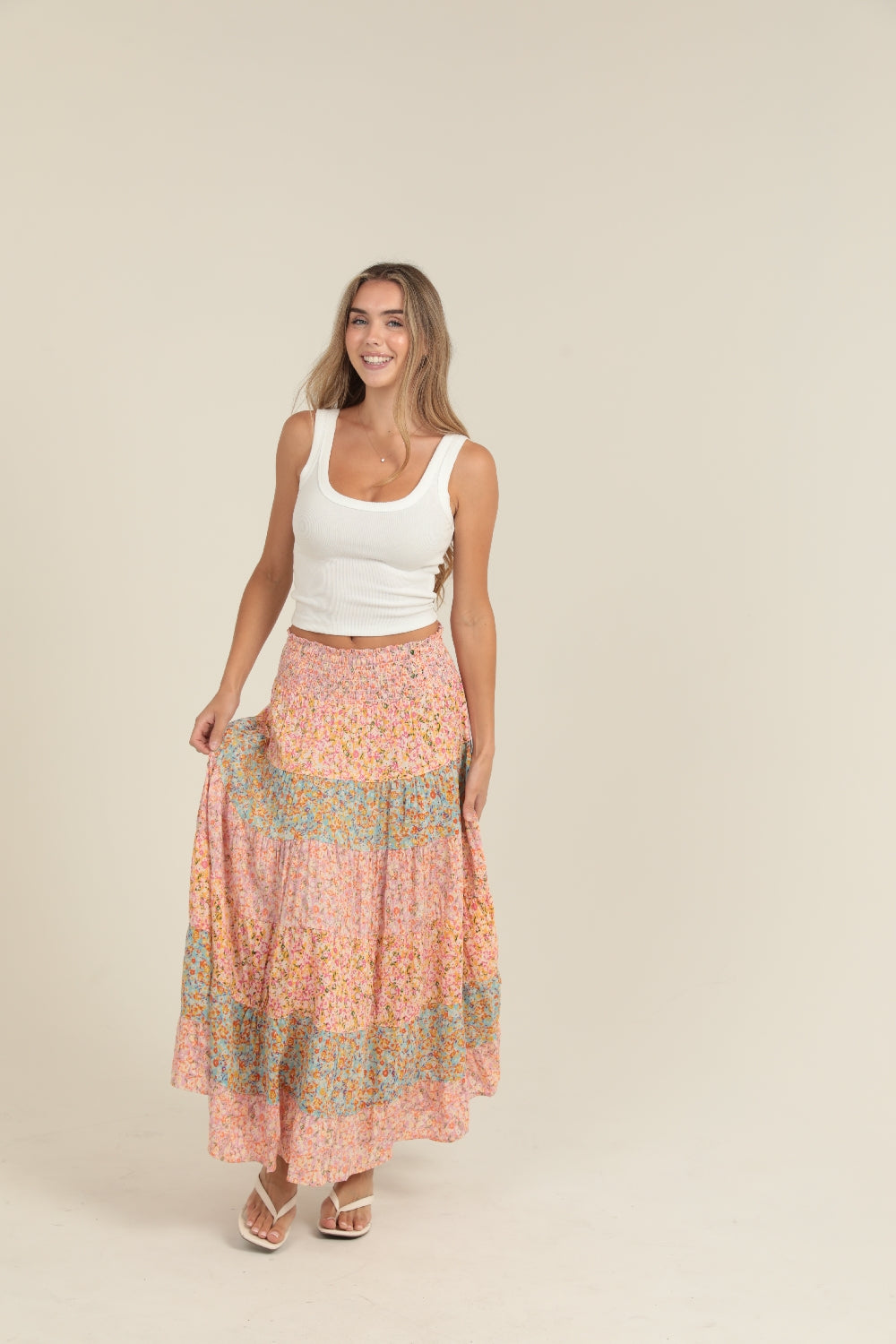 Angie Wide Floral Striped Maxi Skirt - Multi Blue Pink