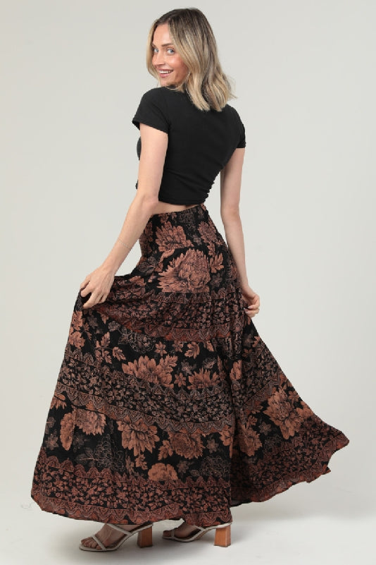 Angie Autumn Floral Smocked Waist Maxi Skirt