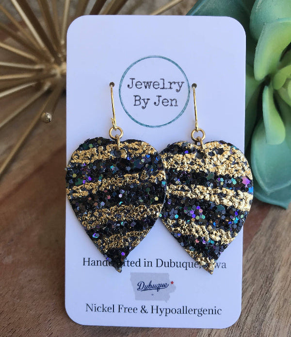 Heart Petal Earrings: Black & Gold Glitter