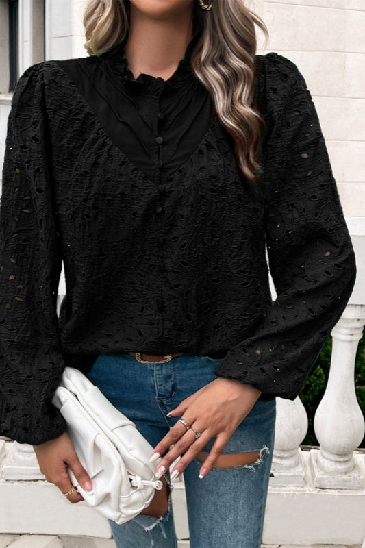 Amanda Eyelet Ruffle Long Sleeve Blouse - Black