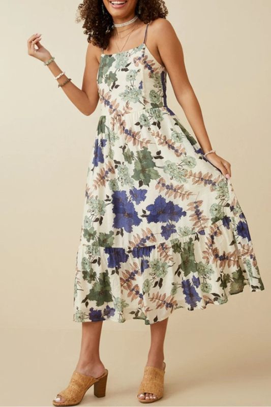 Hayden Smock Back Tiered Tank Midi Dress - Blue Mix