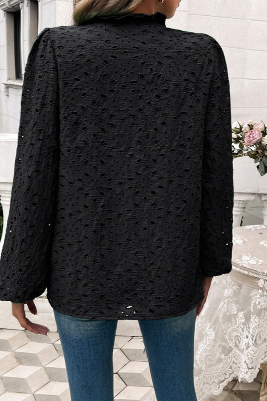 Amanda Eyelet Ruffle Long Sleeve Blouse - Black