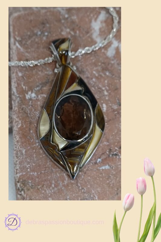 Large Tiger's Eye Smokey Quartz Pendant Necklace