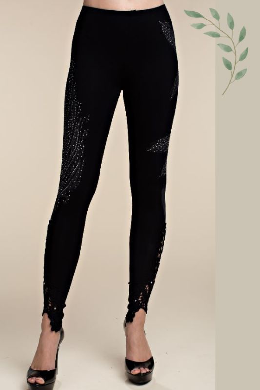 *SALE Vocal Leaf Print Rhinestone Leggings - Black