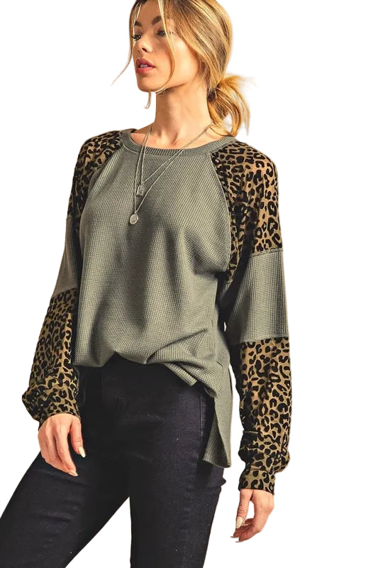 Kori Thermal Mesh Animal Fuzz Print Top - Olive