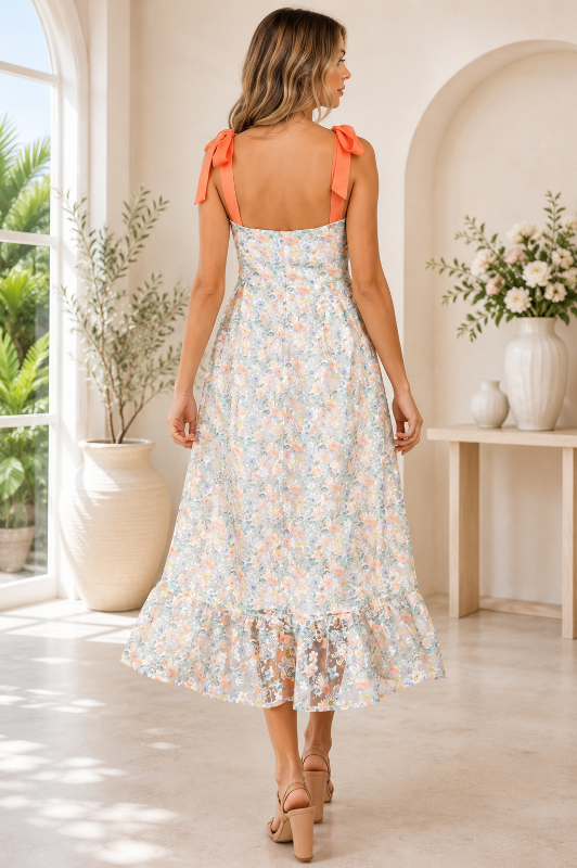 Multicolor Floral Embroidered Wedding Party Midi Dress