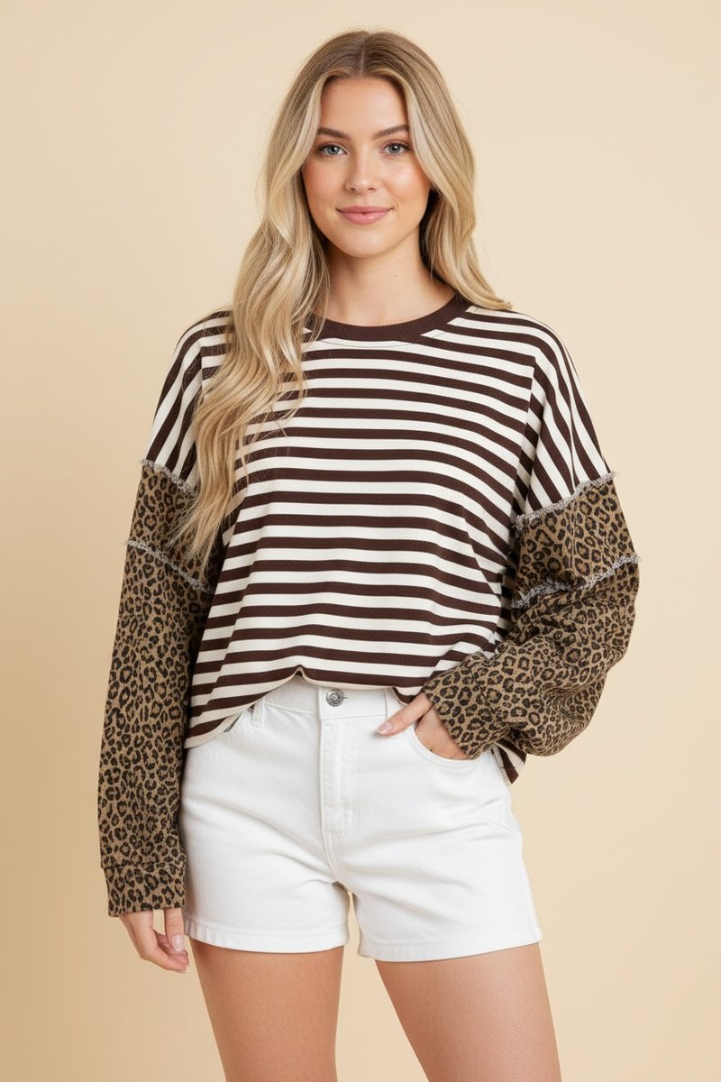 Leopard Patchwork Sleeve Striped Knit Top - Dk Brown