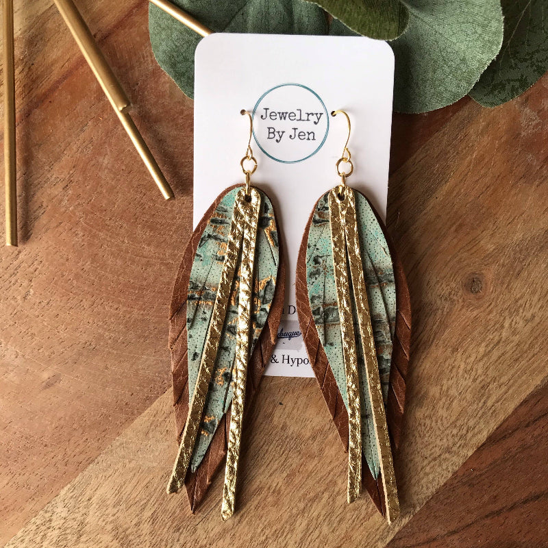 Narrow Fringe Feather Earrings - Gold, Cognac, Turquoise Wildwood