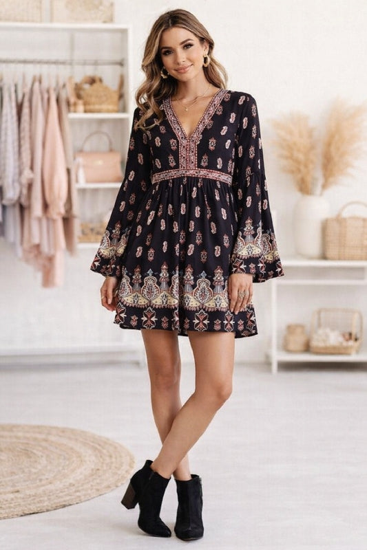 Lunik Paisley Black Bell Sleeve Dress