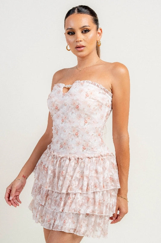 Flocking Mesh Print w/ Pearl String Ruffle Hem Mini Dress - Rust