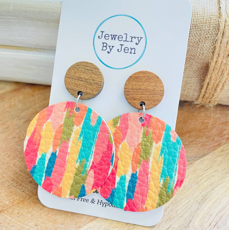 Wood Stud Circle Earrings - Colorful Brushstrokes