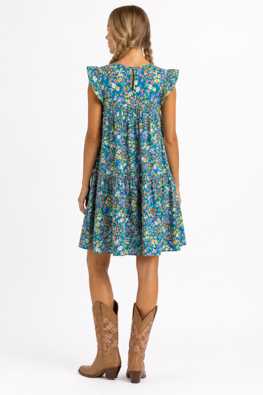 Savanna Jane Teal Floral Babydoll Mini Dress