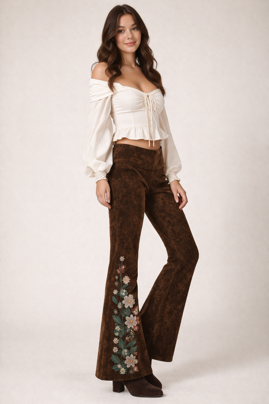 Dexterous Mineral Wash Stamped Floral Yoga Bootcut Bell Pants - Brown