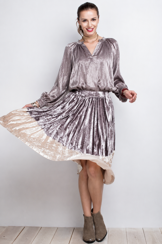 Easel Ice Velvet Pleated Midi Skirt - Mushroom