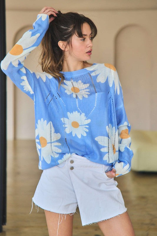 Davi & Dani Daisy Flower Sweater - Blue