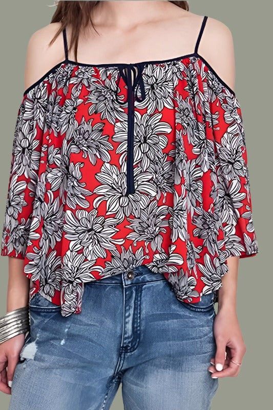 Kori Cold Shoulder Floral Top - Red Navy