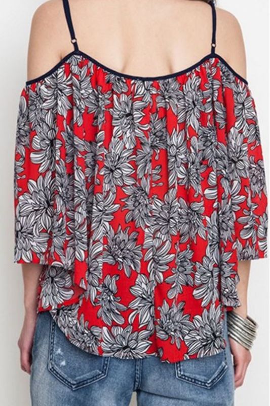 Kori Cold Shoulder Floral Top - Red Navy